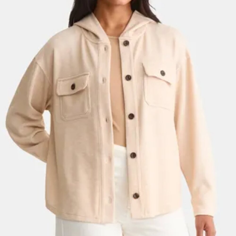Time and Tru Beige Women’s Hooded Shacket Size L 12-14 - Button Up  Ribbed NWOT